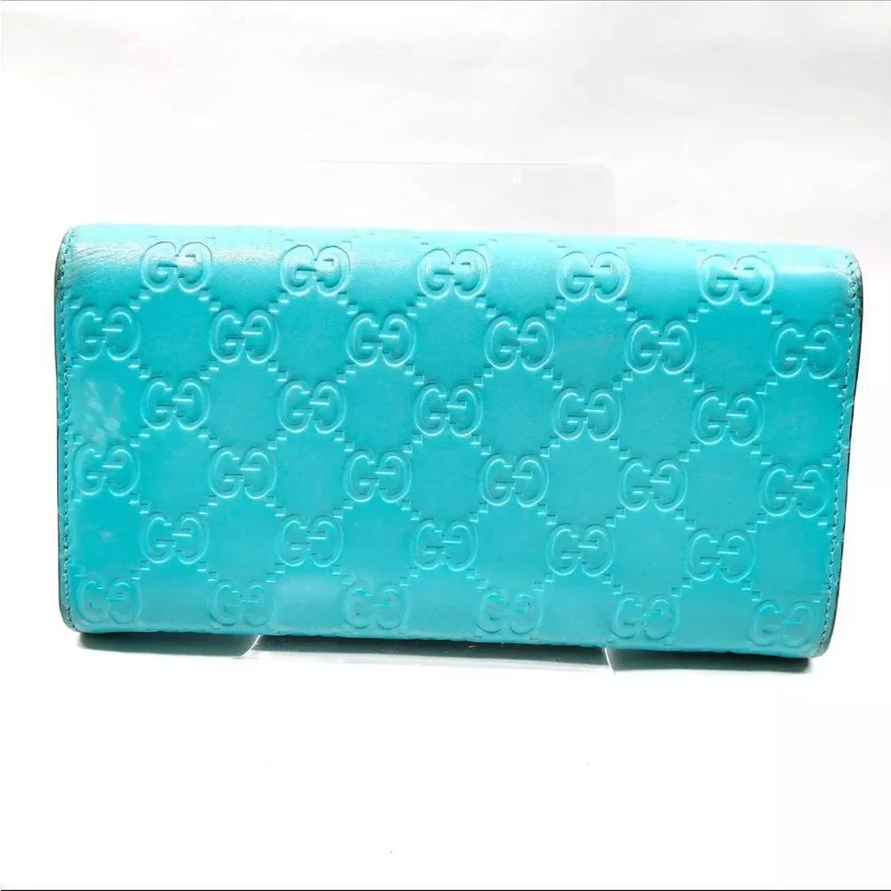 Auth Gucci Turquoise Blue GG Monogram MicroGuccisima Continental Wallet Bow - Picture 2 of 9